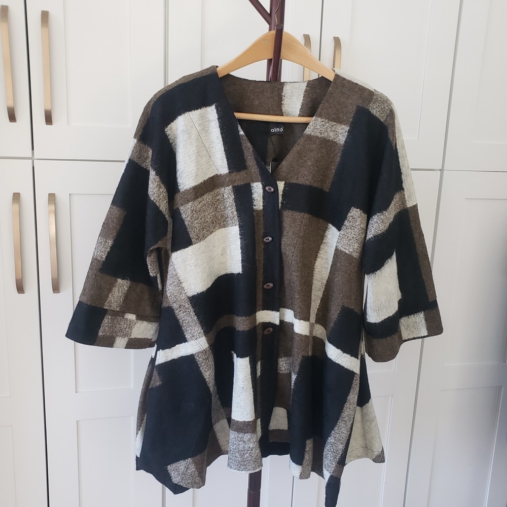 Aino Sweater Womens L Brown Plaid Gaisa Taiga Open Front Jacket